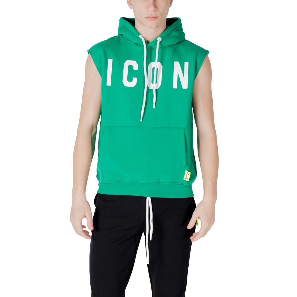 Icon Green Cotton Hoodie with 'ICON' logo, sleeveless design, and adjustable hood, featuring comfortable and trendy style for men.