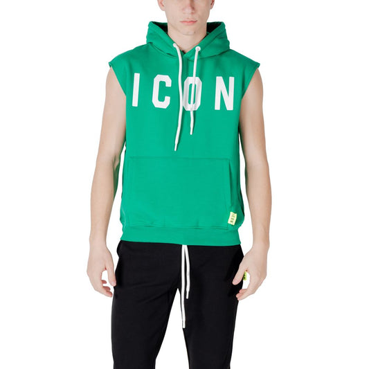 Icon Green Cotton Hoodie with 'ICON' logo, sleeveless design, and adjustable hood, featuring comfortable and trendy style for men.