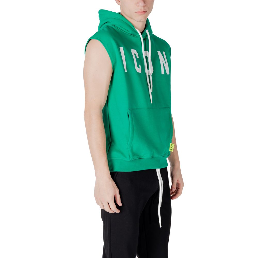 Icon Green Cotton Hoodie featuring large 'ICON' logo, adjustable hood, and front pocket, made from cotton-polyester blend for comfort.