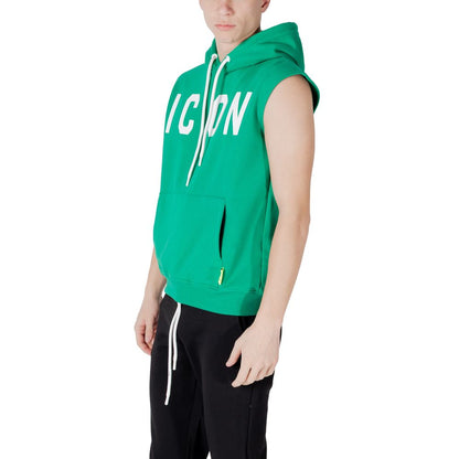 Icon Green Cotton Hoodie with large 'ICON' logo, sleeveless design, adjustable hood, and front pocket for practical style and comfort.