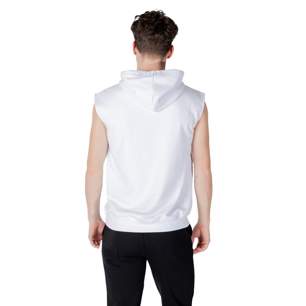 Back view of Icon White Cotton Hoodie showing hood and sleeveless design