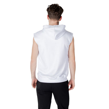 Back view of Icon White Cotton Hoodie showing hood and sleeveless design
