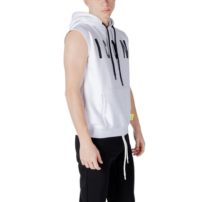 Icon White Cotton Hoodie with front logo and adjustable hood seen in a modern design, perfect for various occasions.