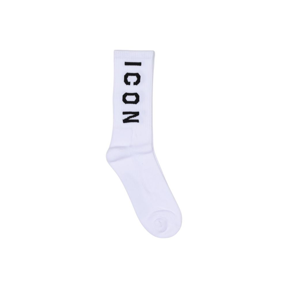 "Icon White Cotton Socks with vertical logo design, featuring high-quality cotton blend for comfort and flexibility, perfect for daily wear"