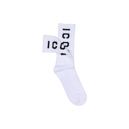 Icon White Cotton Socks with black vertical logo design, made of 80% cotton for comfort and elasticity, suitable for men and unisex use.