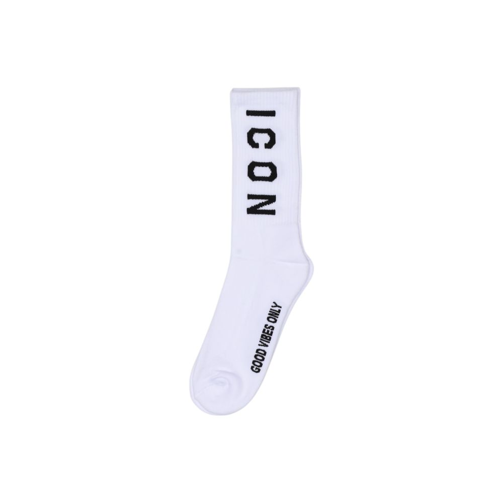 Icon White Cotton Socks with bold black vertical 'ICON' text, designed for comfort, ideal for daily wear and sports activities.
