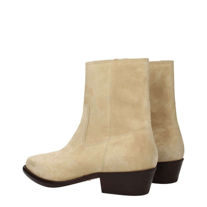 Isabel Marant Beige Leather Ankle Boots with mid heels, pointy toe, suede material, leather sole, and zip closure style.