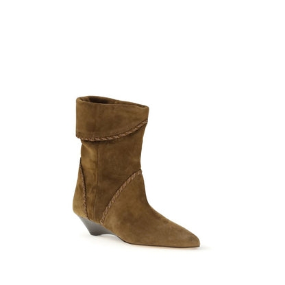 Isabel Marant Brown Calf Leather Bos Taurus Flat Boots with woven trim and pointed toe.
