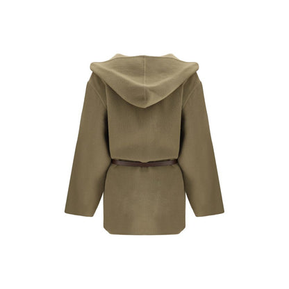 Rear view of Jacob Cohen Brown Fleece Wool Coat, cream hooded design, belted waist, elegant brushed wool, fall winter fashion.