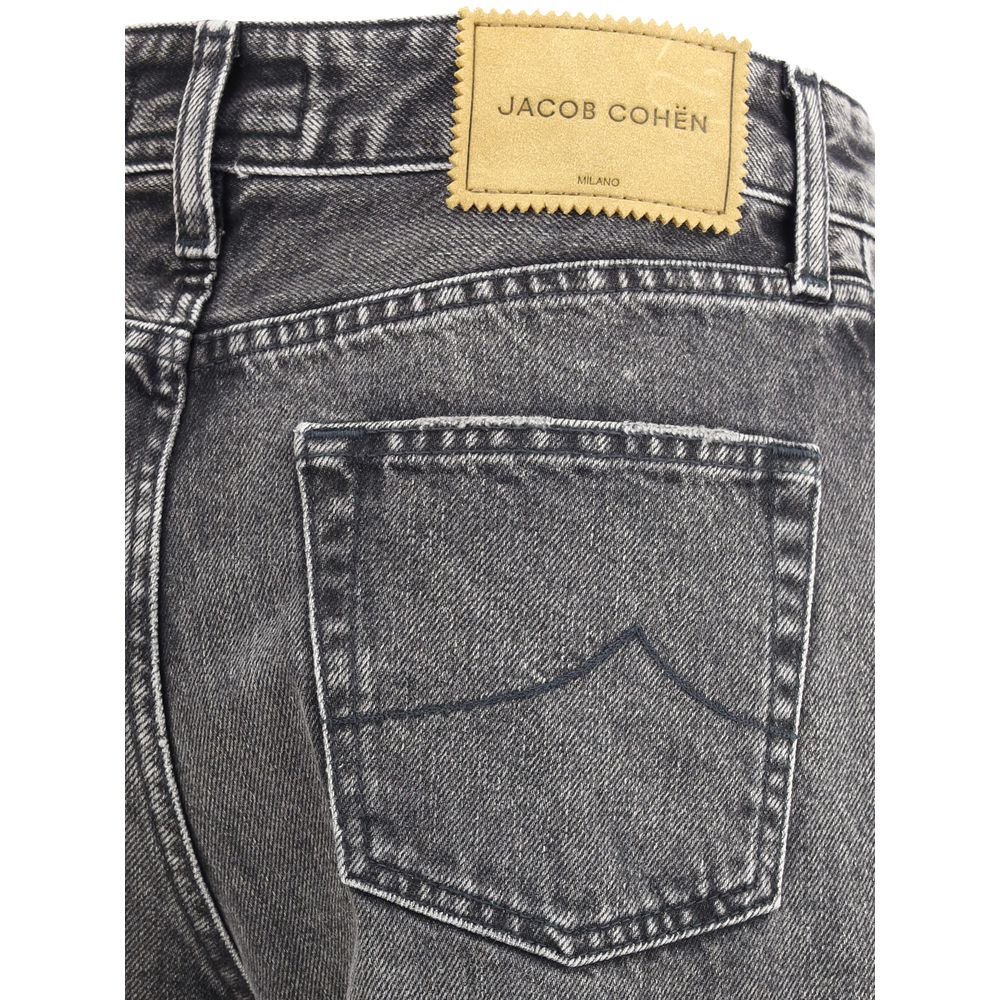Close-up of Jacob Cohen Gray Cotton Relaxed Fit Jeans with back pocket and label, highlighting tailored details and sophisticated craftsmanship.