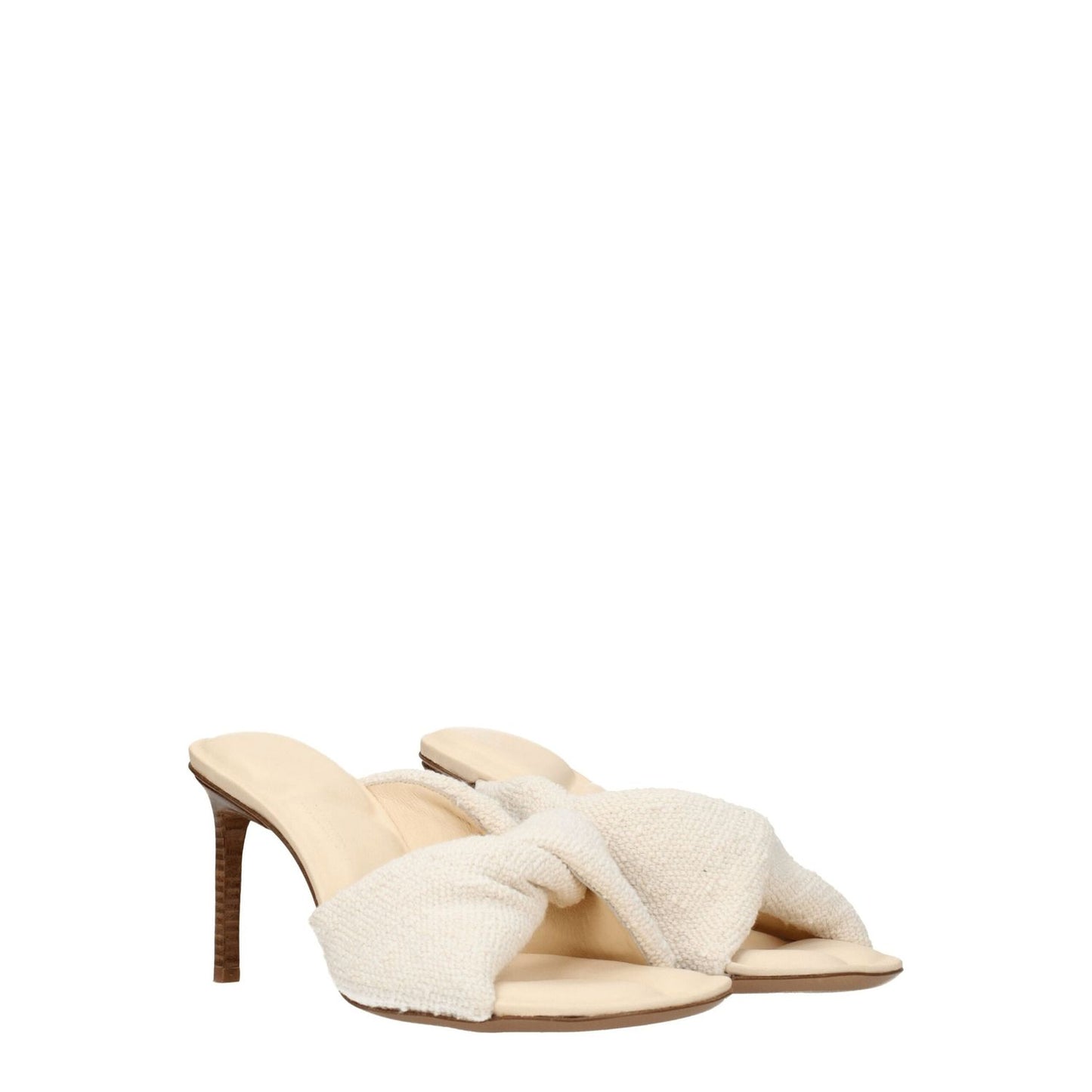 Jacquemus Beige Fabric Stiletto Heel Sandals with mid heels, open toe design, and leather sole in a vintage style.