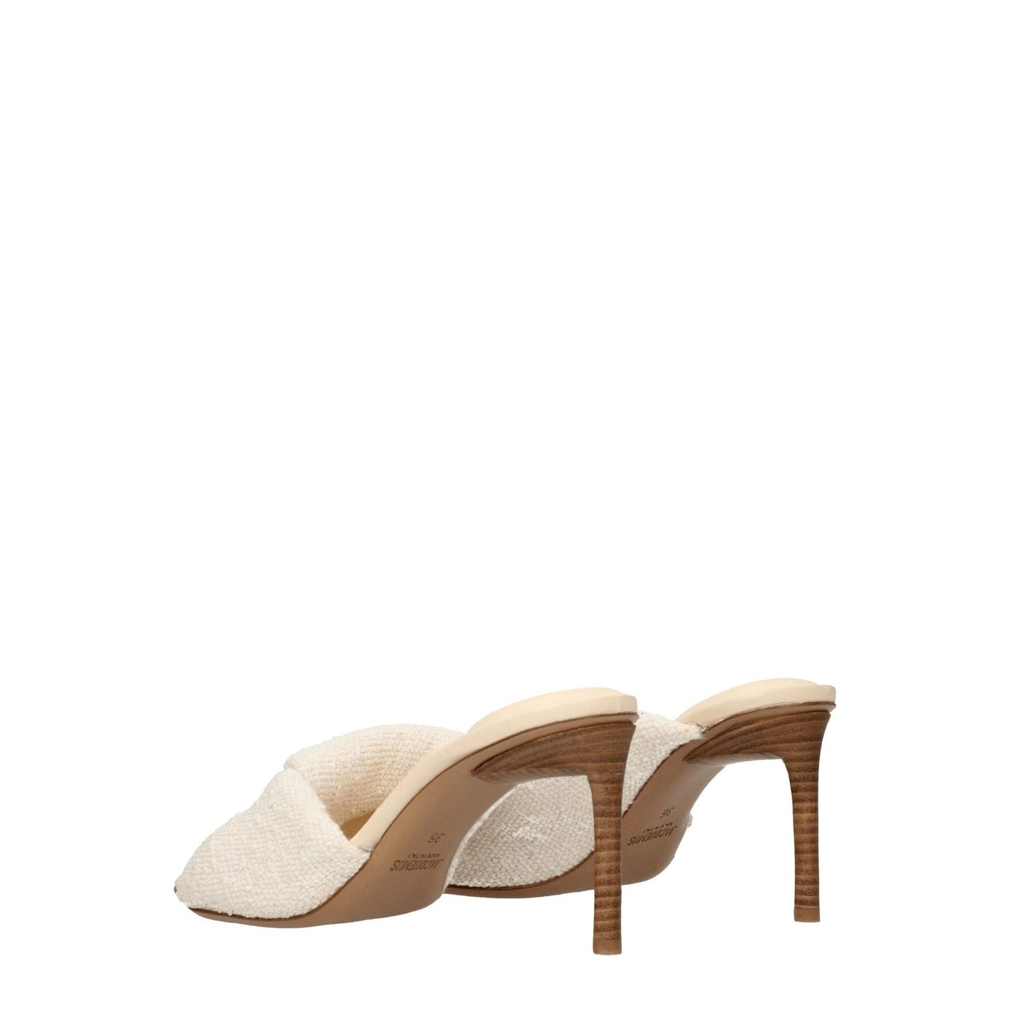 Jacquemus Beige Fabric Stiletto Heel Sandals with open toe design and mid heels, featuring leather sole and off-white accents.