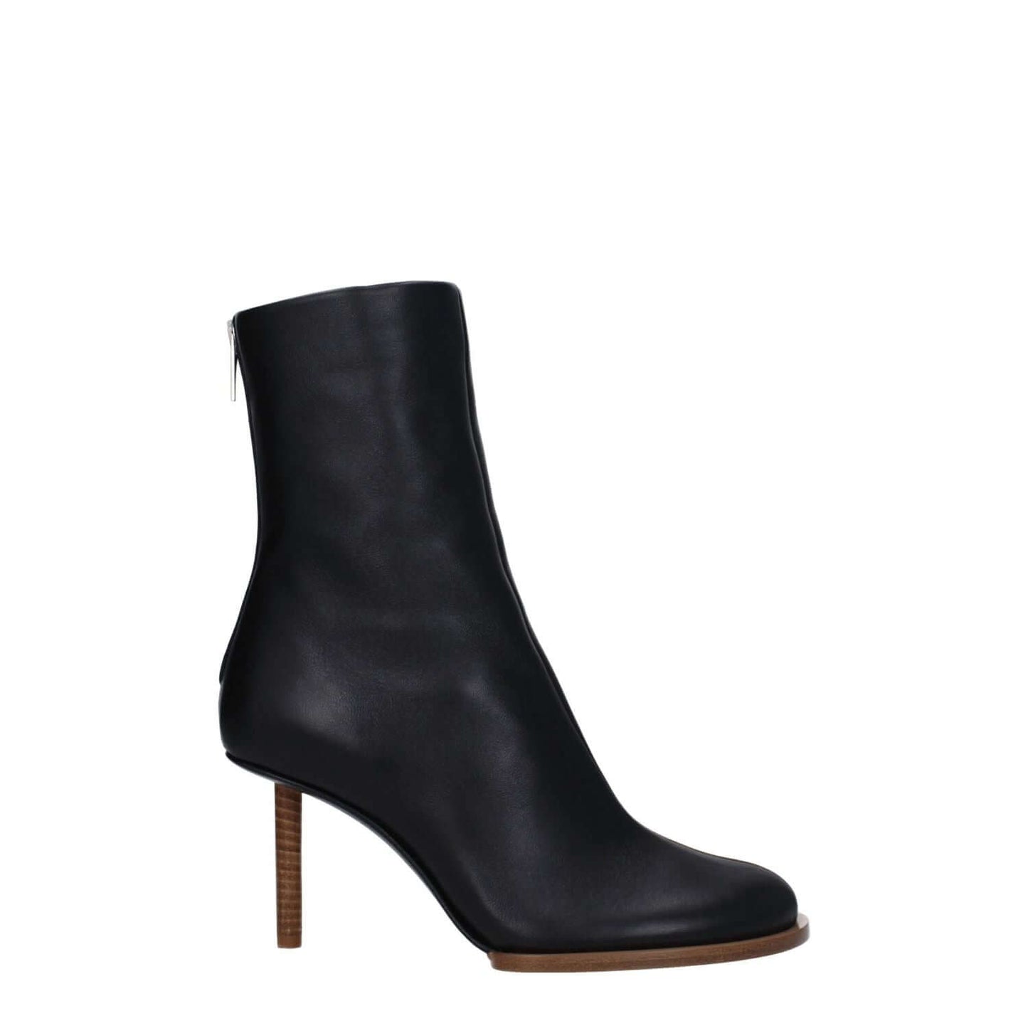 Jacquemus Black Leather Ankle Boots with high heel, square toe, and zip closure, made of black leather. MPN 233FO1163073990, stylish and casual.