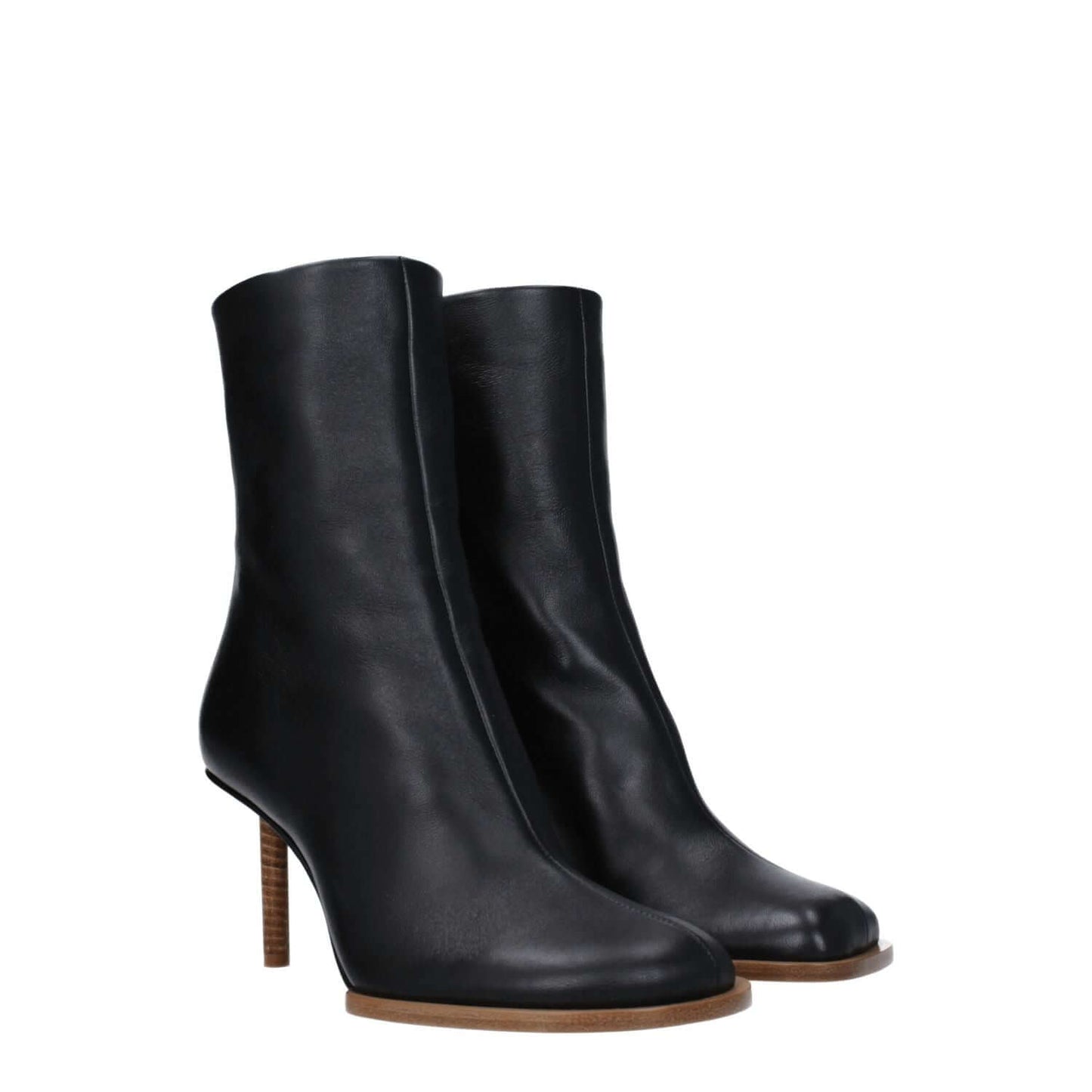 Jacquemus Black Leather Ankle Boots with high heel and square toe, perfect for casual style with zip closure and leather sole.