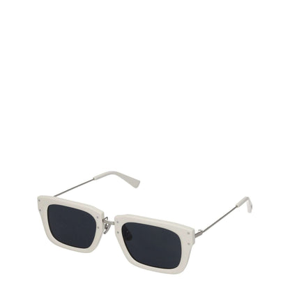 Jacquemus White Acetate Sunglasses with square frame, dark lenses, and silver steel accents, includes protective case.