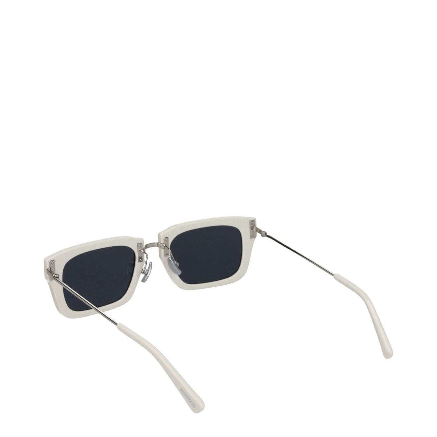 Jacquemus White Acetate Sunglasses featuring a square acetate frame, dark lenses, and silver details. Includes protective case.