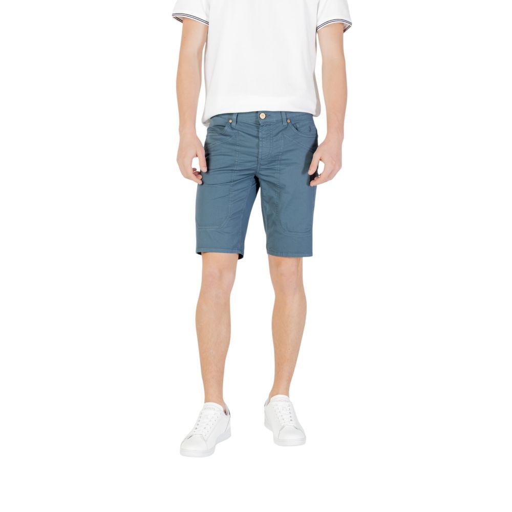 Jeckerson Blue Cotton Bermuda Shorts on model, showcasing slim fit and five-pocket design, perfect for summer wardrobe essentials.