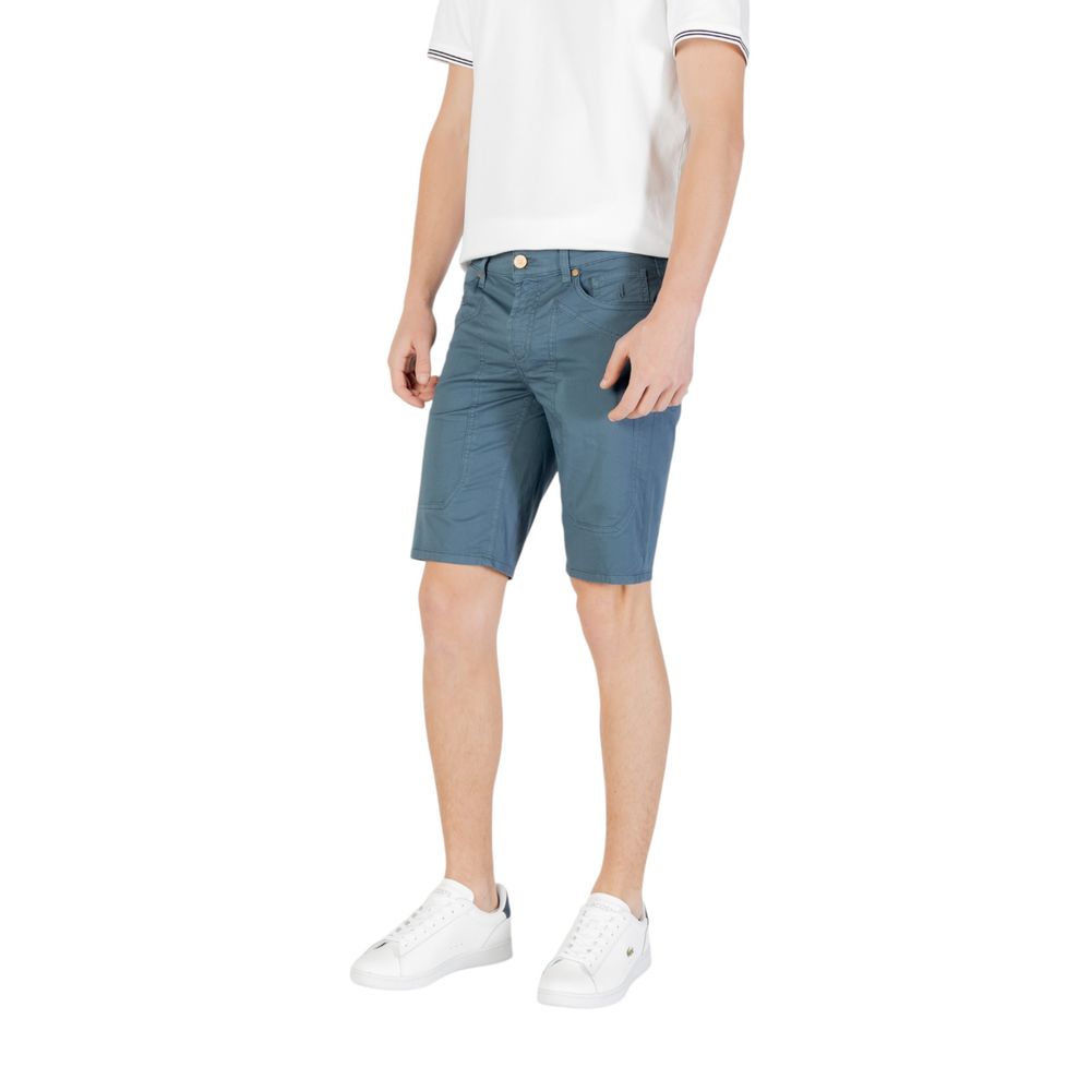 Jeckerson Blue Cotton Bermuda Shorts on model, featuring slim fit and five pockets, perfect for casual summer style.