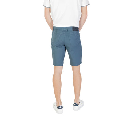 Back view of Jeckerson Blue Cotton Bermuda Shorts for men, showcasing slim fit and five-pocket design.