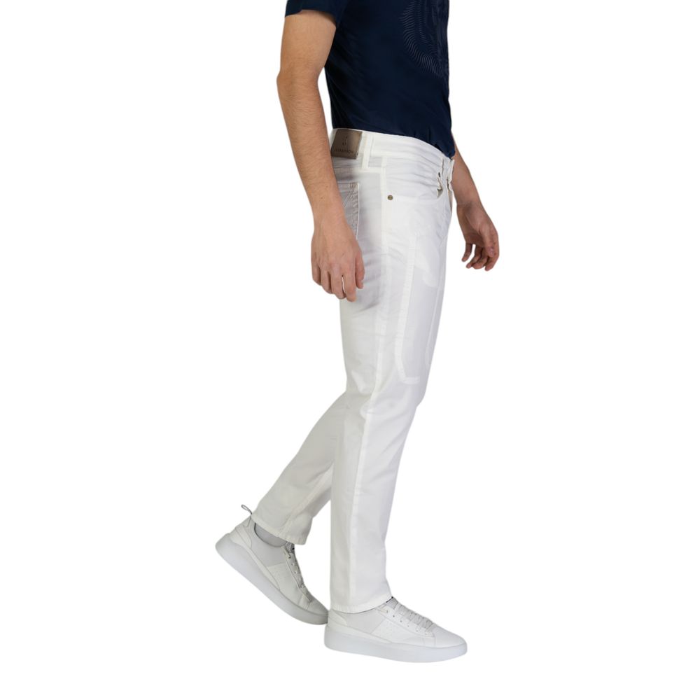 Jeckerson White Cotton Skinny Pants for men, slim-fit with patch, 98% cotton and 2% elastane, shown on model.
