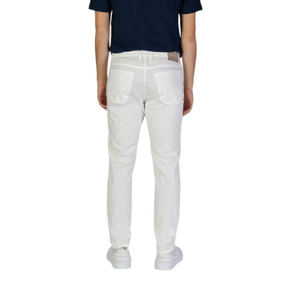 Back view of Jeckerson White Cotton Skinny Pants for men, featuring slim fit and classic five-pocket design with patch.
