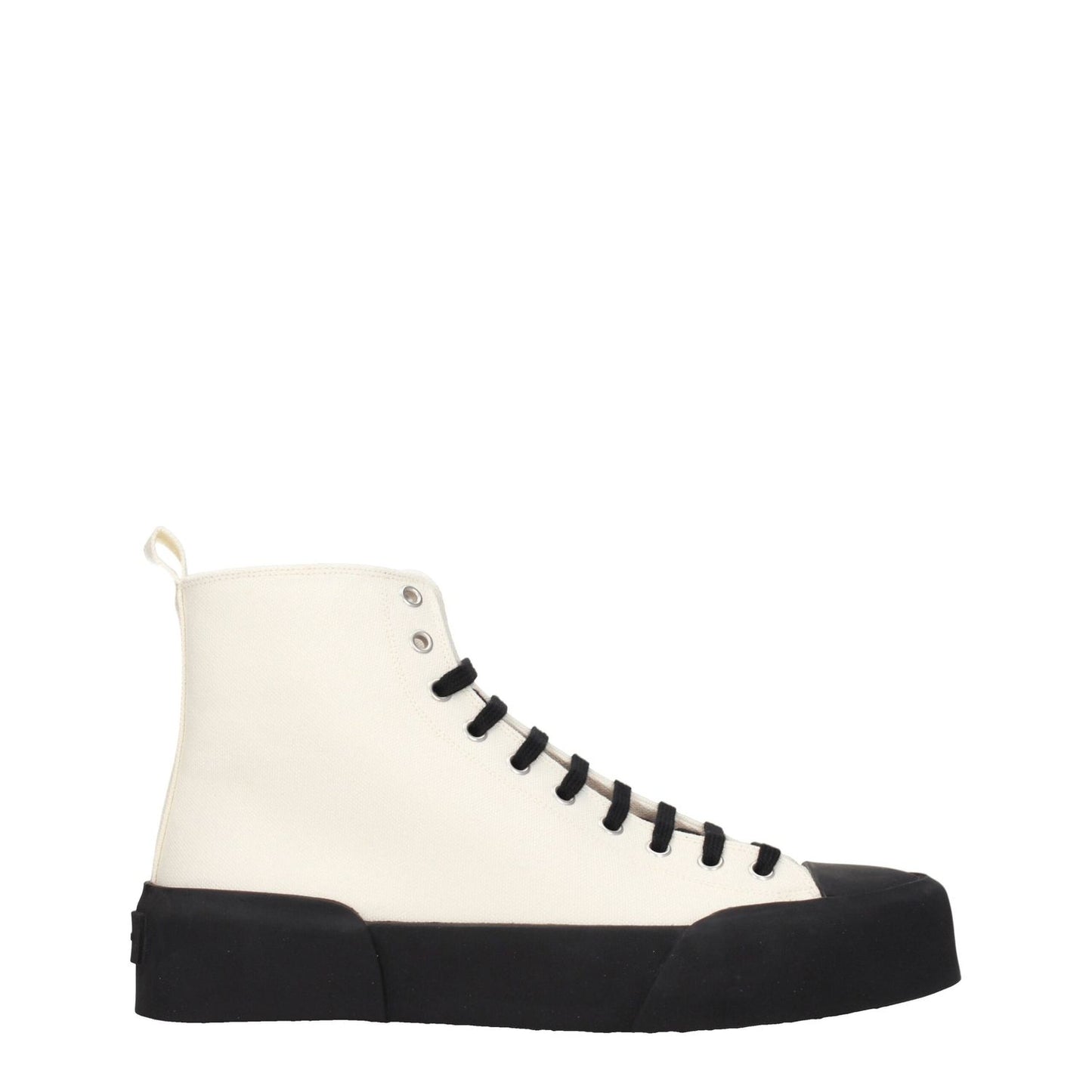 Jil Sander Beige Fabric High Tops with black sole and lace-up closure, round toe and mid heels, stylish sporty glam sneakers.