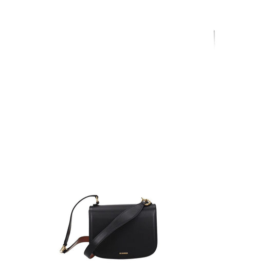 Jil Sander Black Leather Handbag with gold details, front logo, and removable handle, perfect for casual style.