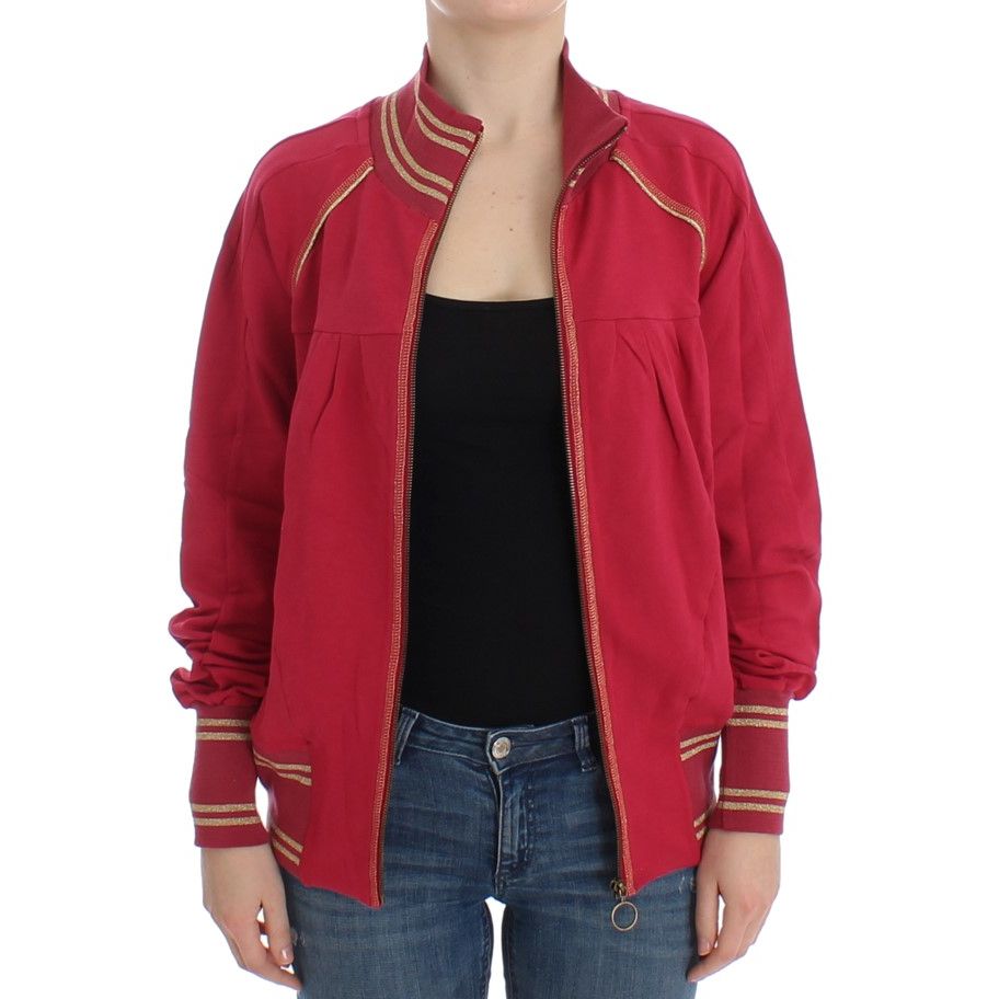 Woman wearing John Galliano Pink Mock Zip Cardigan Sweatshirt Sweater with front zipper and logo details.
