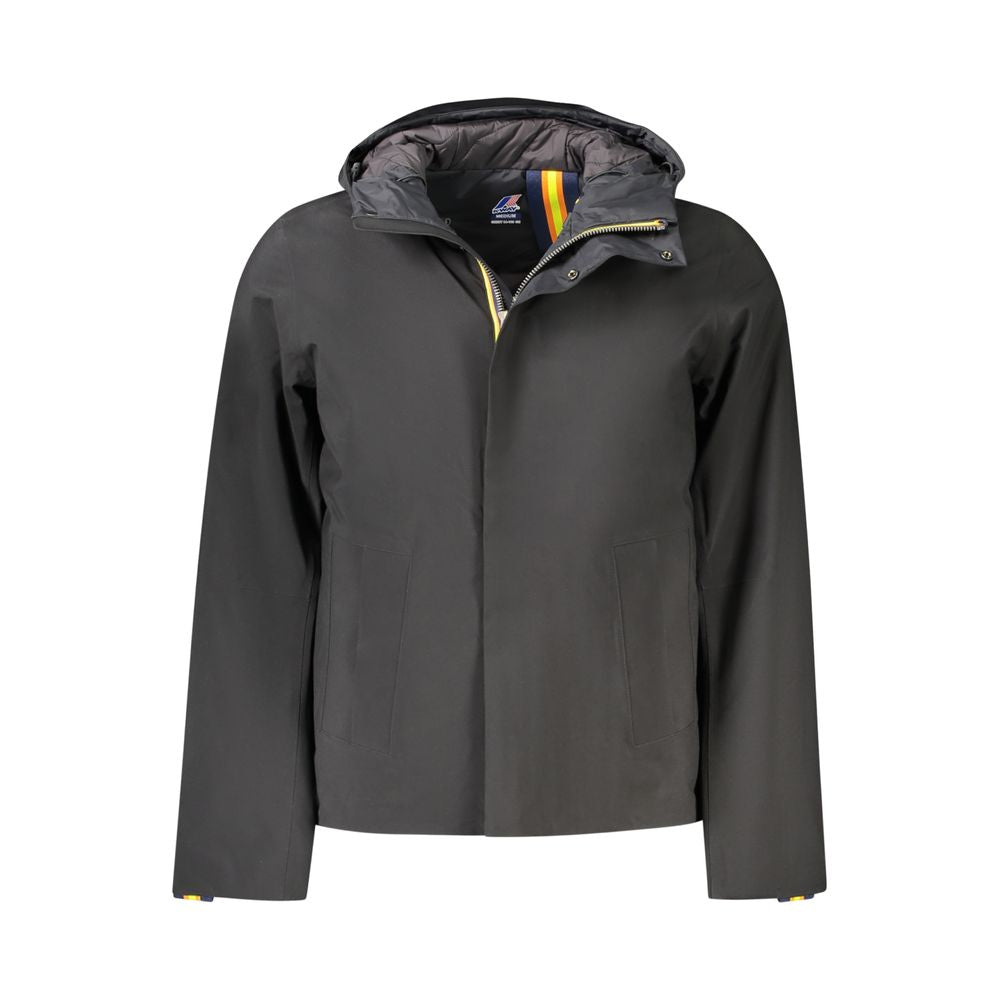 K-WAY Black Polyester Men Jacket with double padding and sleek design, featuring practical internal and external pockets.