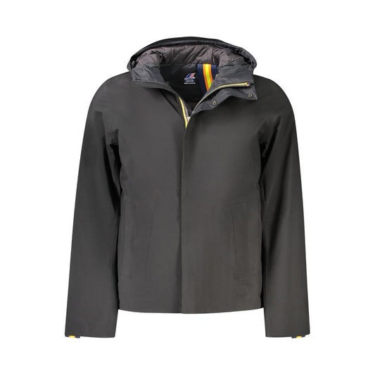 K-WAY Black Polyester Men Jacket with long sleeves and double padding for warmth, featuring both external and internal pockets.
