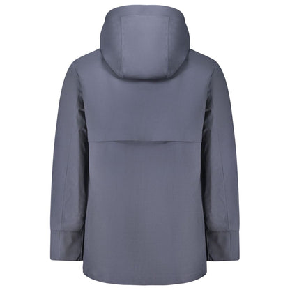 Back view of K-WAY Blue Wool Men Trench Coat with removable hood and sleek design