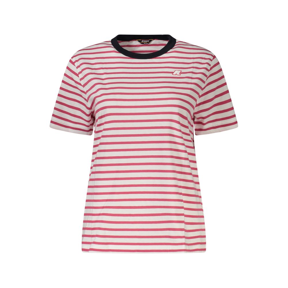 K-WAY Pink Cotton Women T-Shirt with stripes and bold crew neck, featuring iconic logo for trendy casual style.
