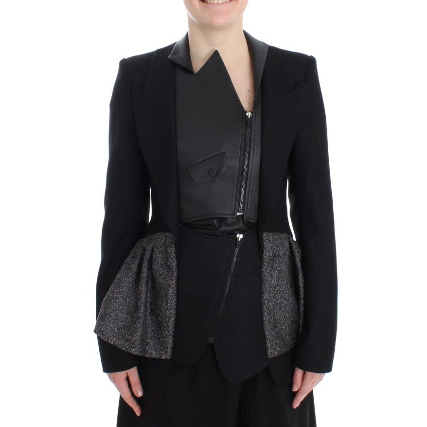 KAALE SUKTAE Black Short Blazer Coat Biker Jacket with elegant details, front zip closure, and crafted from polyester and rayon blend.