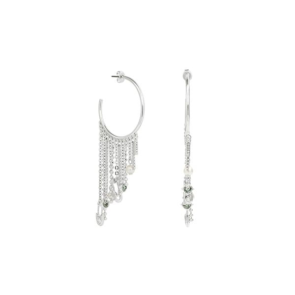 Silver hoop earrings with dangling chains from KARL LAGERFELD JEWELS JEWELRY Mod. 5420610 displayed against a white background.