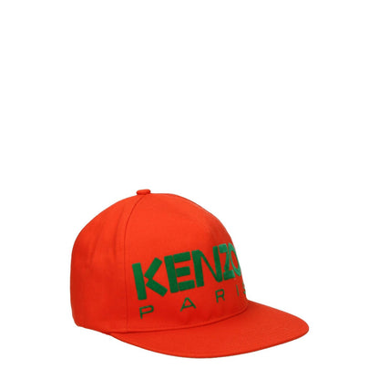 Kenzo Orange Cotton Cap (Baseball Hat) with adjustable straps and front logo, featuring buckle closure in street style.