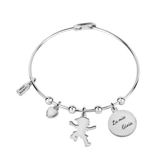 Silver bracelet with charms by LA PETITE STORY JEWELRY Mod. LPS05ASF04, featuring heart and engraved round pendants.