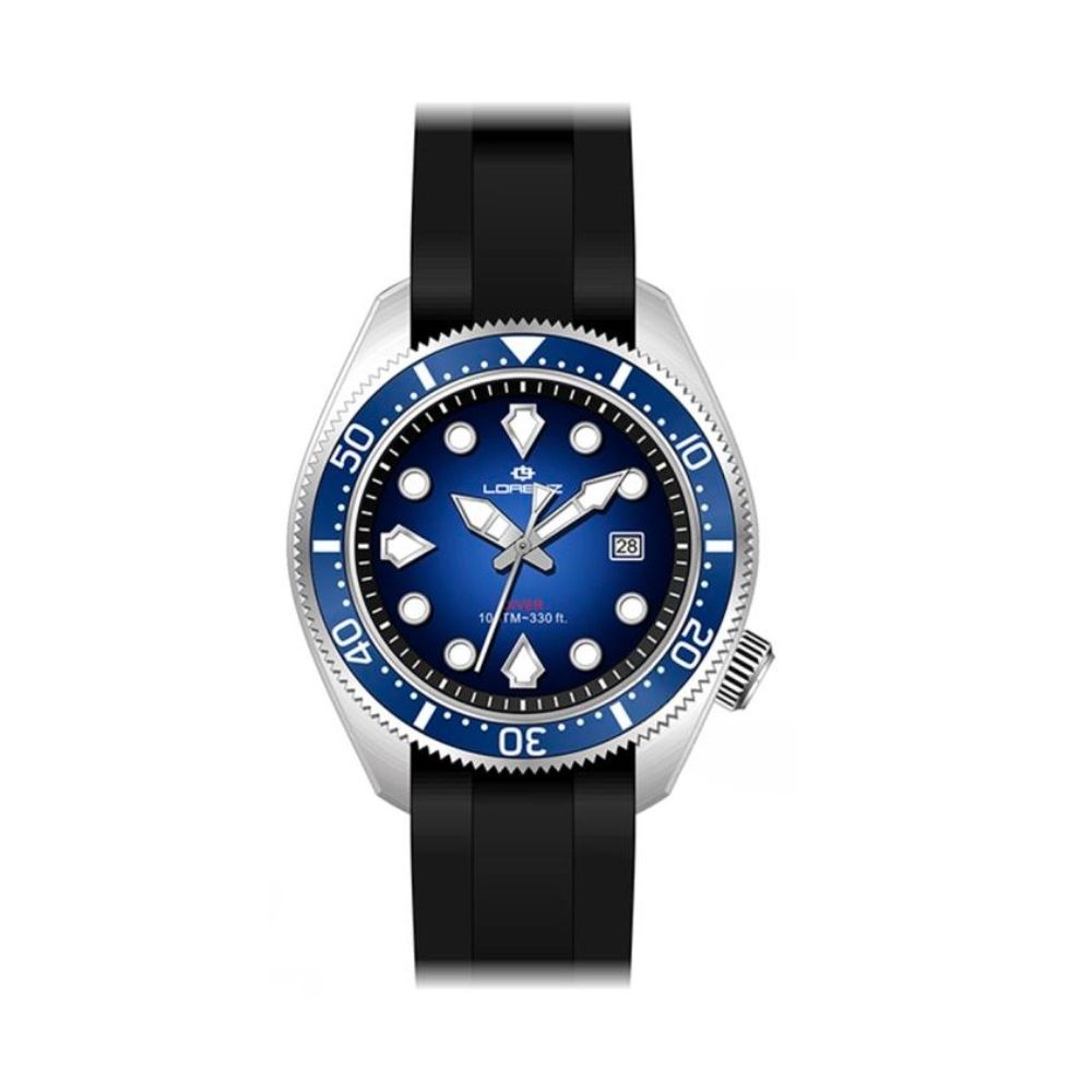 LORENZ MOD. DIVER SPORT stainless steel gent's wristwatch with 42mm case, blue dial, quartz movement, and 10 ATM water resistance.