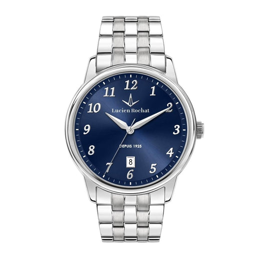 Silver Lucien Rochat Mod. R0453116002 wristwatch with 42mm case, quartz movement, and blue dial designed for men.