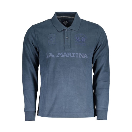 La Martina Blue Cotton Men Polo Shirt with long sleeves, dynamic print, and iconic logo for sporty sophistication.