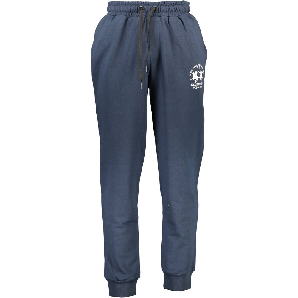 La Martina Blue Cotton Men's Track Pant with logo detail, showcasing comfortable elastic waistband and cuffed hems for a casual look.