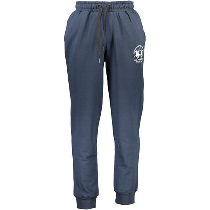 La Martina Blue Cotton Men's Track Pant with logo detail, showcasing comfortable elastic waistband and cuffed hems for a casual look.