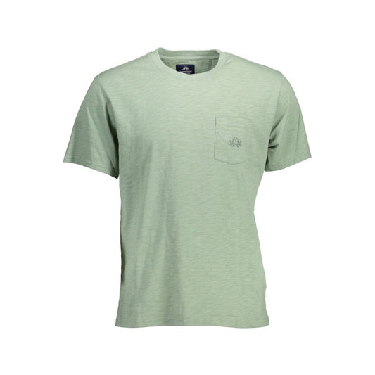 La Martina Green Cotton Men T-Shirt with crew neck and embroidered logo on pocket