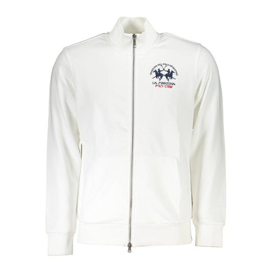 La Martina White Cotton Sweater with long sleeves, zip closure, central pockets, and embroidered logo on chest.