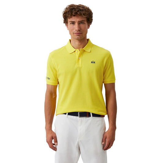 La Martina Yellow Cotton Polo Shirt with embroidered logo, worn by male model, perfect for casual wear and style.