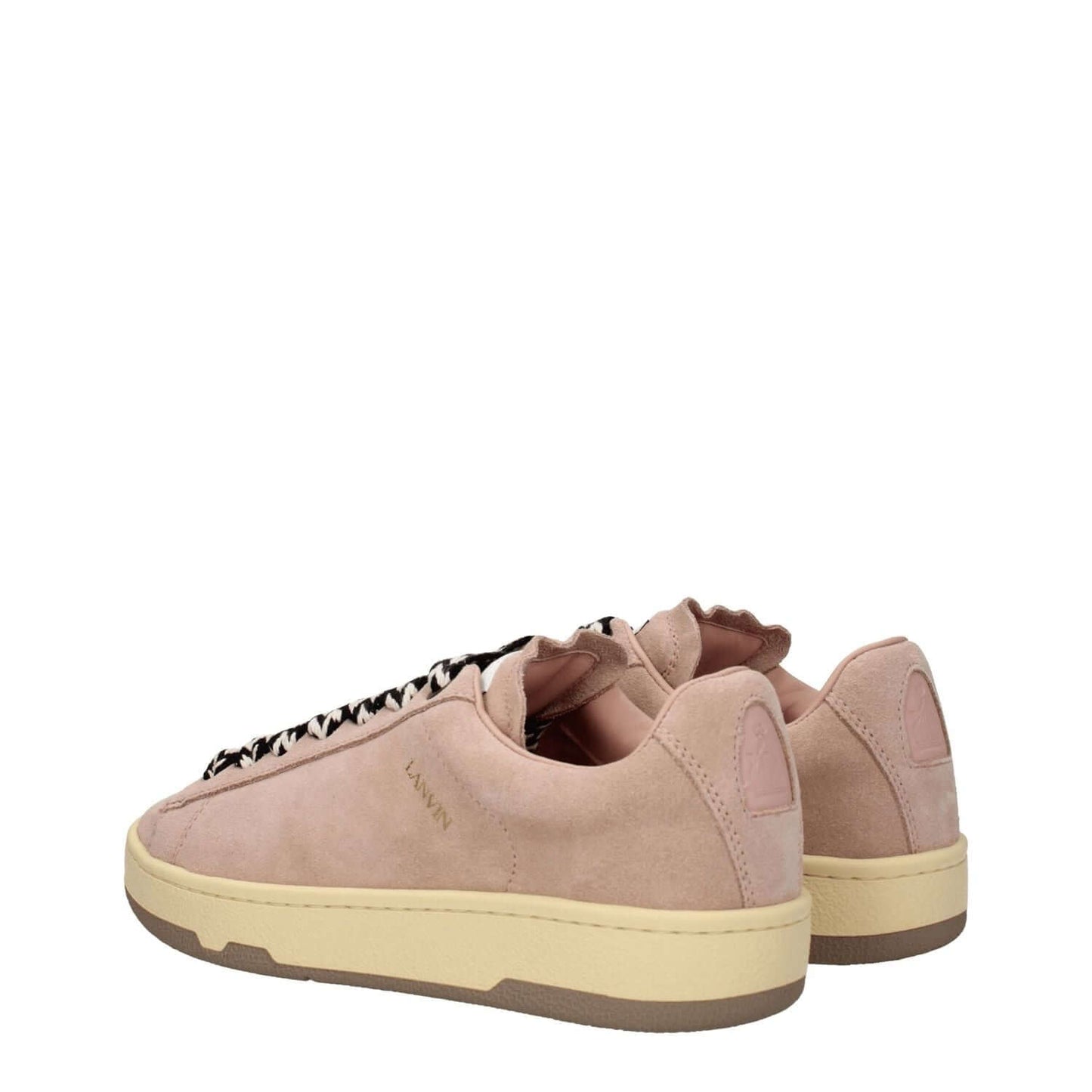 Lanvin Pink Leather Low Top Sneakers with suede finish, vintage and aged effect, featuring side and back logos, lace-up closure.