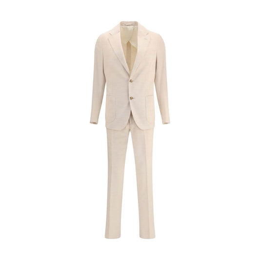 Lardini Beige Cotton Two-Piece Suit with blazer and straight-leg trousers in corduroy, featuring notch lapel and patch pockets.
