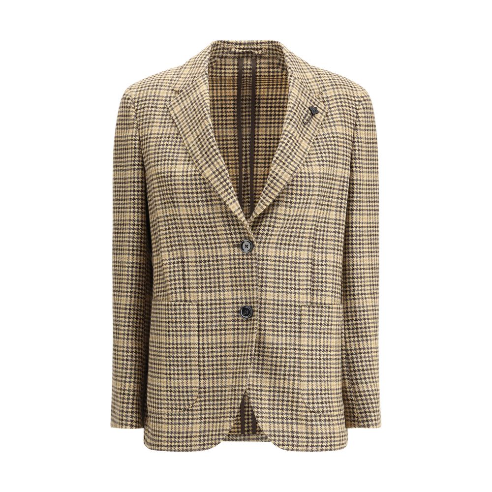 Lardini Beige Wool Blazer featuring houndstooth pattern, single-breasted with classic lapel and iconic pin brooch, perfect for AW25.