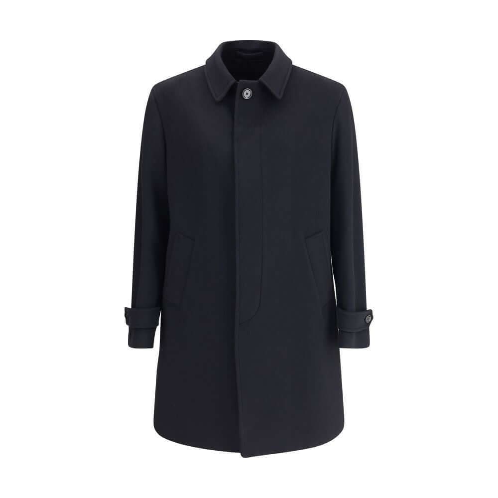 Lardini Black Fleece Wool Trench Coat with button closure and adjustable cuffs, made from 100% virgin wool, showcasing elegant tailored design.