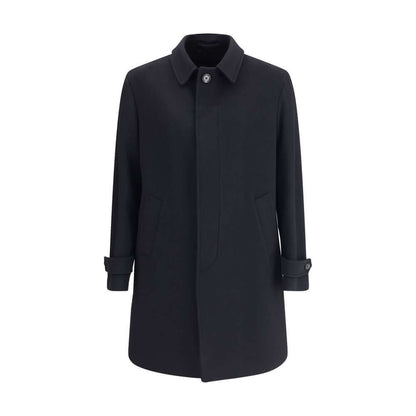 Lardini Black Fleece Wool Trench Coat with button closure and adjustable cuffs, made from 100% virgin wool, showcasing elegant tailored design.
