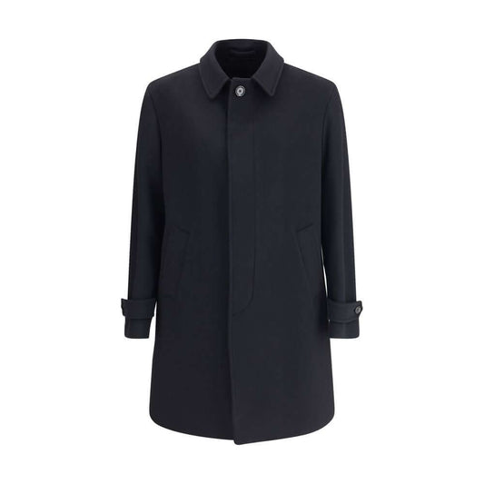 Lardini Black Fleece Wool Trench Coat with button closure and adjustable cuffs, made from 100% virgin wool, showcasing elegant tailored design.